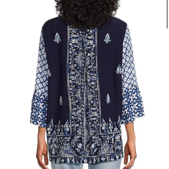 John Mark Woven Embroidered Tie Dye Print Wire Collar 3/4 Sleeve Button Tunic - Picture 2 of 16